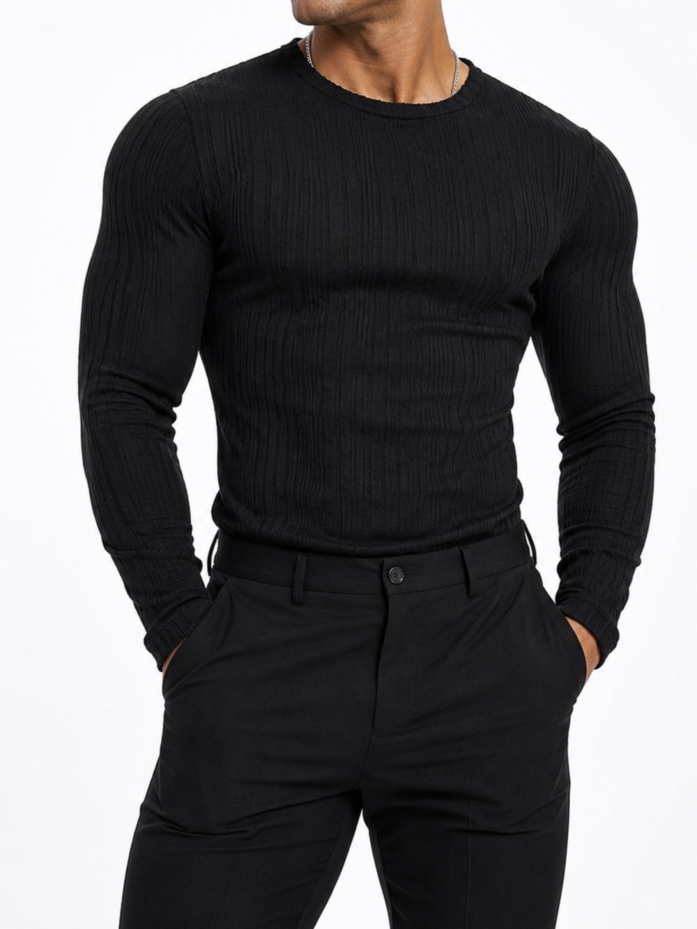 Manfinity Shein Men’s Shirt Long Sleeve Ribbed Black Small Stretch Muscle Fit